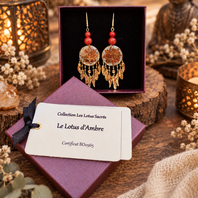 Écrin et certificat des boucles d’oreilles Le Lotus d’Ambre Présentation soignée du coffret du Lotus d’Ambre, accompagné de sa carte d’identification et de son certificat, signé Les Fantaisies d’A.