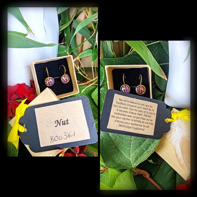 Boucles d'oreilles représentant la déesse égyptienne Nut (Nout) dans leur écrin personnalisé et leur carte d'identification numérotée par LES FANTAISIES D'A