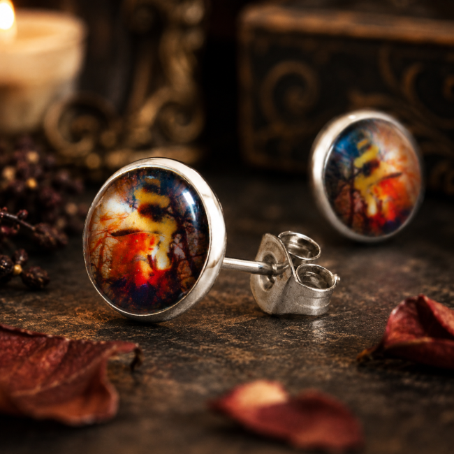 Détail du cabochon et de la fermeture – La Sorcière des Feuilles Pourpres Gros plan sur une boucle d'oreille puce en acier inoxydable avec cabochon illustré – La Sorcière des Feuilles Pourpres