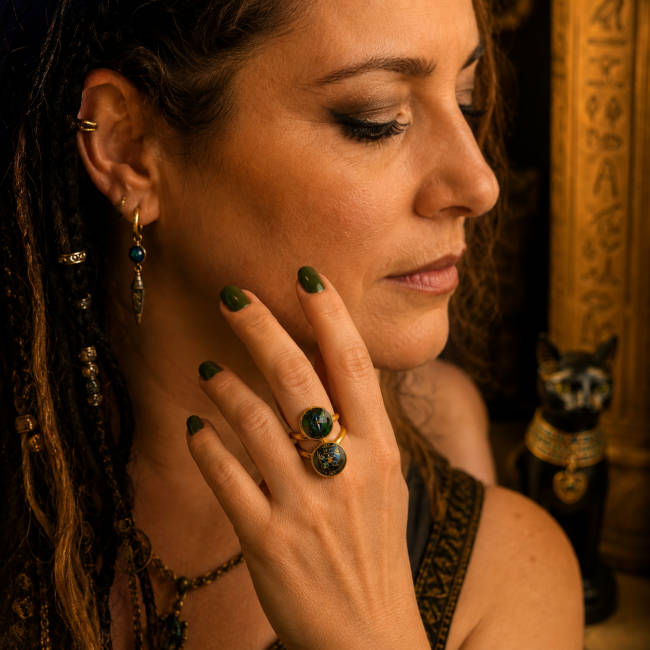 L’Émeraude des Deux Rives portée par une femme, avec ses deux cabochons émaillés à la main, dans une ambiance égyptienne mystérieuse inspirée de Bastet et de l’art antique.