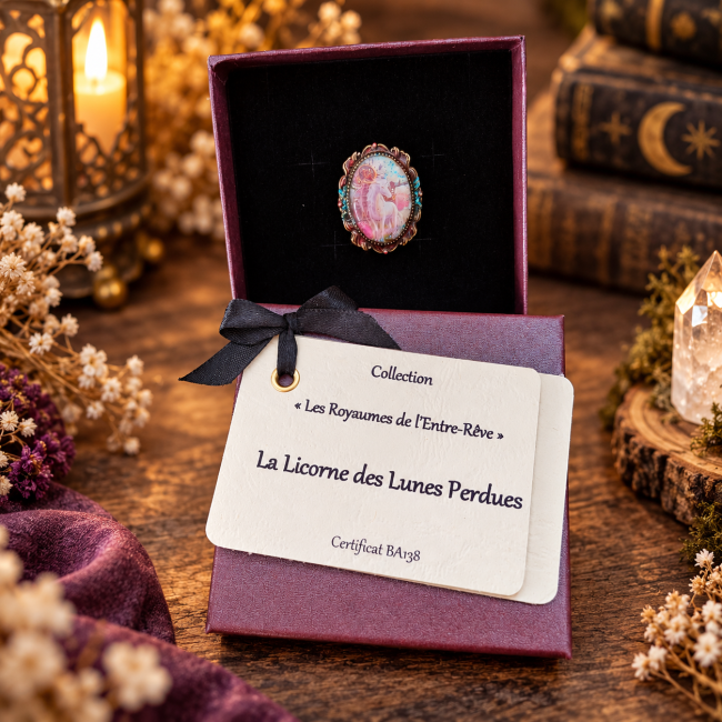 Bague La Licorne des Lunes Perdues avec sa carte d’identification et son certificat
