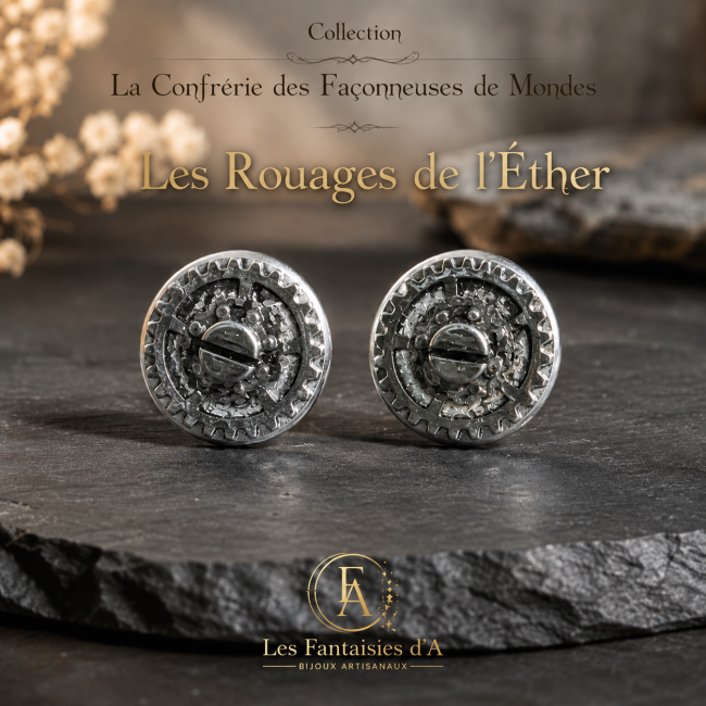 Boucles d'oreilles steampunk Les Rouages de l'Éther en acier inoxydable et engrenages anthracite