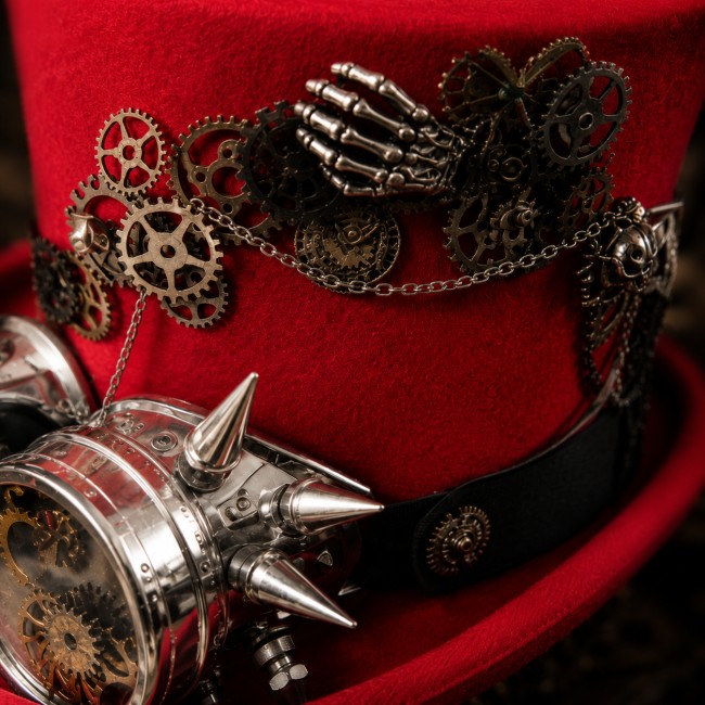 Détail engrenages et main squelette – Chapeau steampunk Dr Jekyll Zoom sur les détails du chapeau steampunk Dr Jekyll : engrenages métalliques, main squelette et lunettes mécaniques composent une création gothique artisanale inspirée de l’univers victorien.