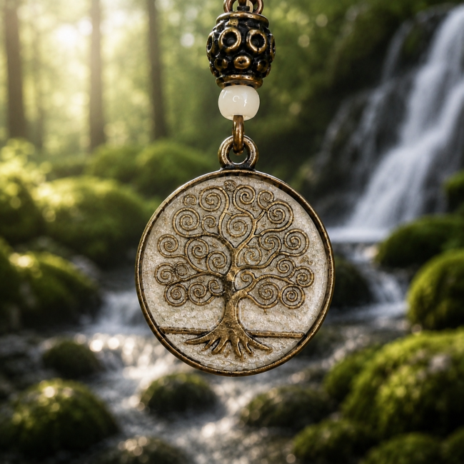 Zoom sur le médaillon Arbre de Vie des boucles d’oreilles La Brume de Mimir, collection Mimisbrunnr. Médaillon en laiton bronze vieilli orné d’un émaillage artisanal nacré blanc translucide, sublimé dans une ambiance nordique au bord d’une cascade foresti