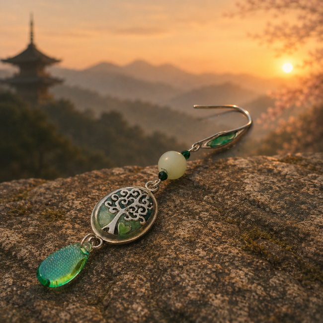 Boucle d’oreille artisanale Kodama « La Sève Lunaire » photographiée sur pierre naturelle au lever du soleil. Amazonite, arbre de vie et goutte lumineuse dans une atmosphère zen et poétique.