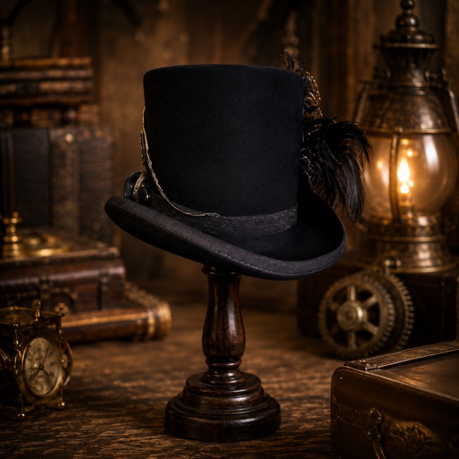 Profil du chapeau steampunk Cyrus noir artisanal style victorien Chapeau steampunk artisanal noir avec détails rétro et plumes décoratives. Pièce unique inspirée de l’univers victorien et rétro-futuriste.
