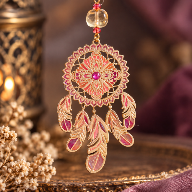 Zoom sur le pendentif floral et les plumes émaillées à la main des boucles d’oreilles Les Plumes du Couchant
