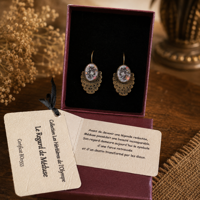 Coffret cadeau Le Regard de Méduse avec cartes Présentation complète du coffret prêt à offrir des boucles d'oreilles Le Regard de Méduse avec ses cartes d'accompagnement.