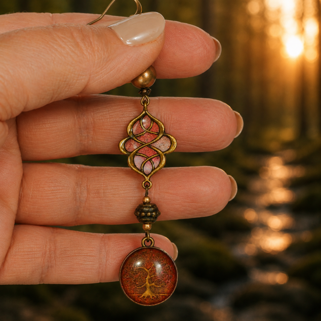 Photographie réaliste des boucles d’oreilles La Source d’Ambre portées à la main. Détails des perles, du laiton vieilli et des motifs celtiques dans une ambiance forêt scandinave lumineuse.