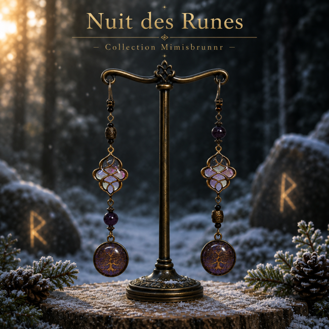 Boucles d’oreilles artisanales Nuit des Runes dans une ambiance forêt nordique enneigée. Bijoux elfiques aux reflets violets, arbre de vie et nœuds celtiques en style fantasy scandinave.