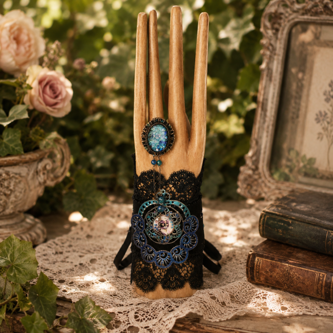 Manchette steampunk noire et bague reliée – Ambiance jardin vintage Une manchette en dentelle noire au charme mystérieux, sublimée par une bague reliée et mise en scène dans une atmosphère romantique et vintage.