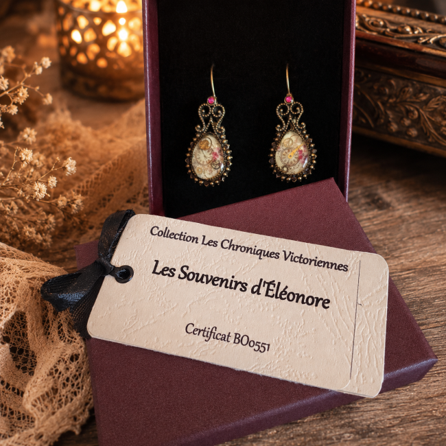 Les Souvenirs d'Éléonore dans leur écrin Boucles d'oreilles Les Souvenirs d'Éléonore présentées dans leur écrin avec carte d'identification et certificat BO0551