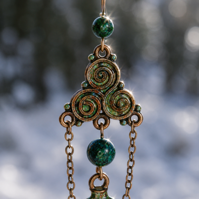 Zoom lumineux sur le triskel et les perles de chrysocolle d’un bijou artisanal inspiré des légendes nordiques et celtiques.