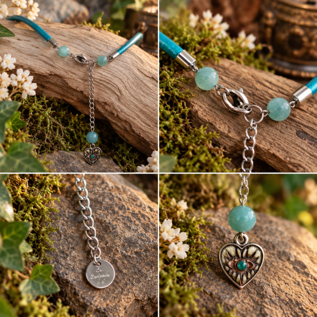 Détails de l’arrière d’un collier artisanal turquoise avec fermoir mousqueton argenté, chaîne de réglage et pendentif cœur ajouré.