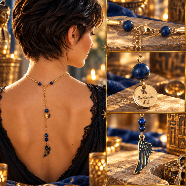Montage montrant l’arrière du collier Le Souffle du Ciel, son fermoir, ses perles de lapis-lazuli, sa médaille de créatrice et son pendentif ailé.
