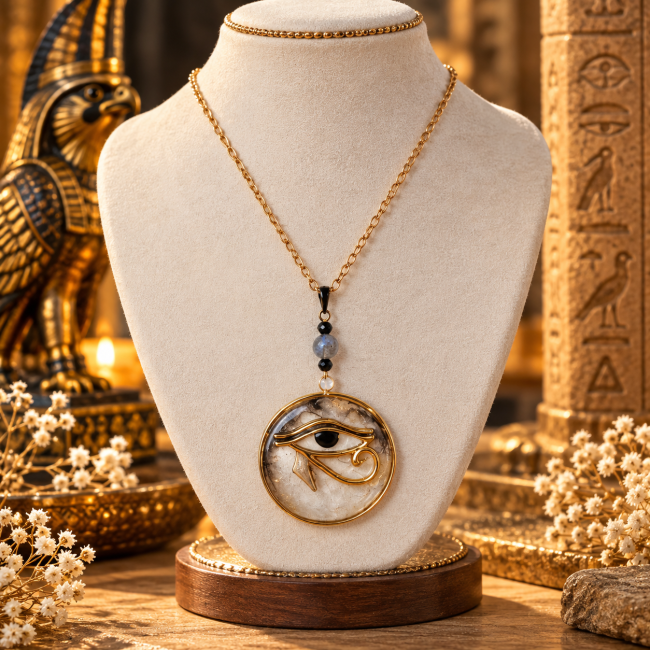 La Dualité Sacrée, collier artisanal doré orné d’un Œil d’Horus et de labradorite, collection Wedjat.
