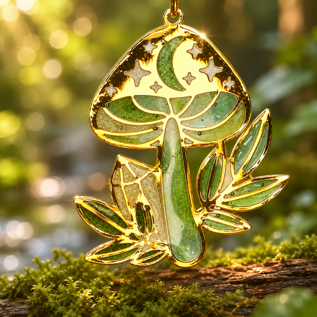 Émaillage artisanal façon vitrail — Champignon féerique des Sous-Bois Gros plan sur le champignon émaillé des boucles Murmures des Sous-Bois, transparences et nuances de vert réalisées à la main