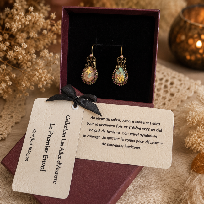 Coffret des boucles d'oreilles Le Premier Envol accompagné de la carte d'identification et du certificat numéroté.