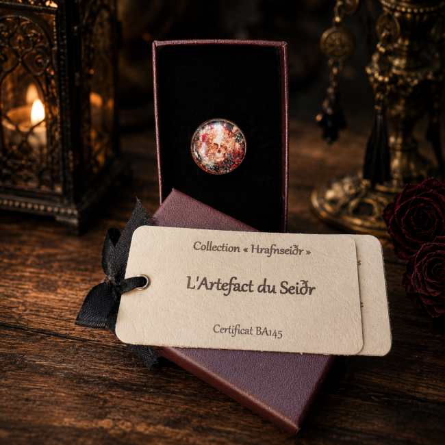 Présentation de la bague femme gothique L’Artefact du Seidr dans son écrin, accompagnée de sa carte d’identification et de son certificat. Une création artisanale de la collection Hrafnseiðr, pensée comme un bijou original prêt à offrir, dans un univers s