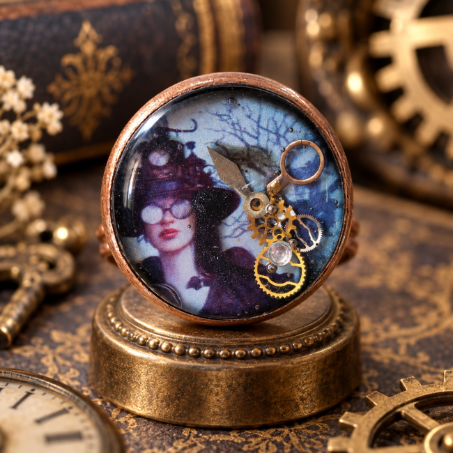 Gros plan sur la bague La Modiste Mécanique et son cabochon richement détaillé, mêlant portrait féminin, engrenages et éléments mécaniques dans un esprit steampunk.