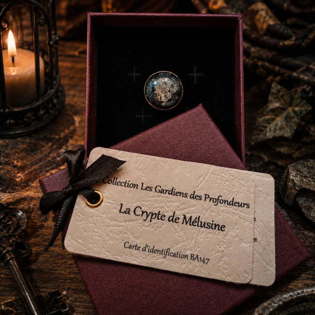 Bague La Crypte de Mélusine dans son écrin avec sa carte d'identification artisanale