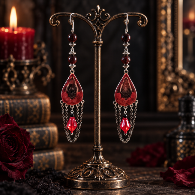 Le Fil d’Atropos – Boucles d’oreilles gothiques vue arrière Boucles d’oreilles gothiques Le Fil d’Atropos vues de dos, révélant l’émaillage artisanal en transparence