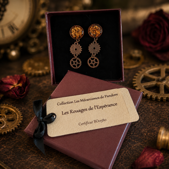 Les Rouages de l'Espérance – Présentation dans l'écrin Boucles d'oreilles Les Rouages de l'Espérance présentées dans leur écrin avec carte d'identification et certificat