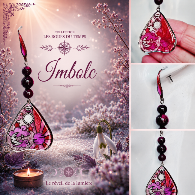 Boucles d’oreilles Imbolc de la collection Les Roues du Temps, créations artisanales en acier inoxydable et émaillage transparent fait main. Inspiré du sabbat wiccan de la fin d’hiver, ce bijou mystique mêle symboles célestes, lumière sacrée et pierres na