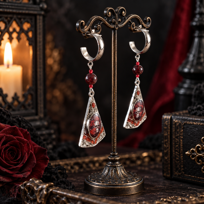 Boucles d’oreilles gothiques artisanales Les Joyaux Engloutis vues de trois quarts, pendentifs émaillés en transparence