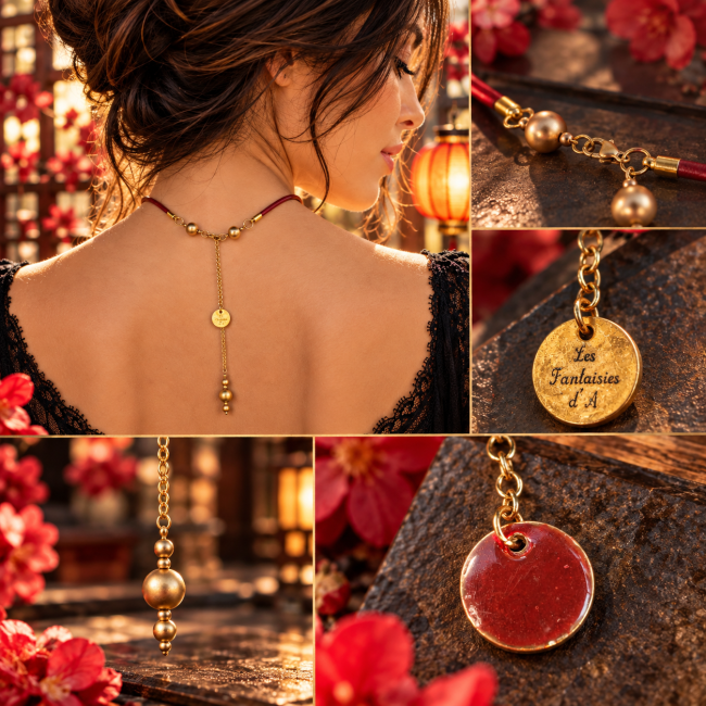 Montage montrant l’arrière du collier Ao Chin, son fermoir, sa chaîne, son médaillon signature et son enfilade de perles en hématite dorée