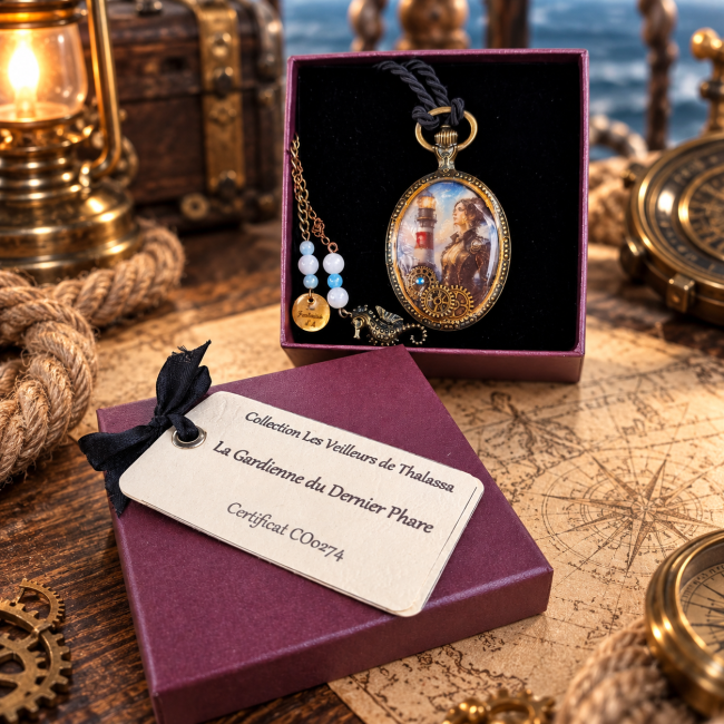 Le collier La Gardienne du Dernier Phare est présenté dans son écrin avec ses éléments d'accompagnement et son certificat. Une présentation à la hauteur de cette pièce unique d’artisanat d’Art.