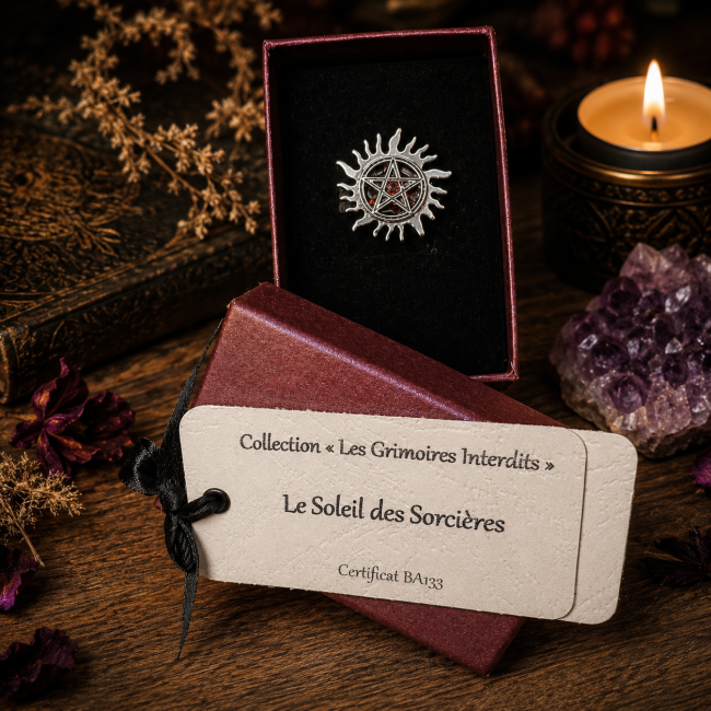 Le Soleil des Sorcières bague gothique dans son écrin Bague gothique Le Soleil des Sorcières présentée dans son écrin avec carte d’identification