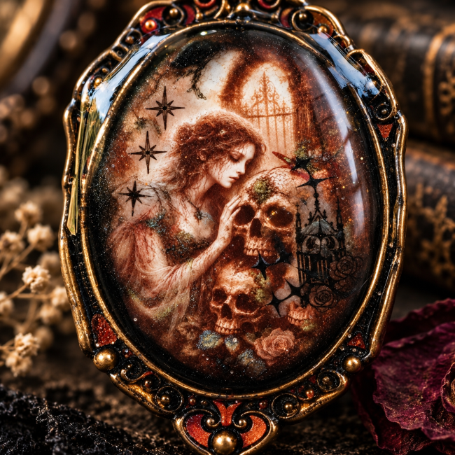 Cabochon gothique artisanal représentant une femme et des crânes sur le collier La Gardienne des Souvenirs