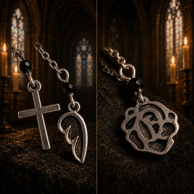 Collage artistique mettant en lumière les symboles emblématiques des boucles d’oreilles Lucerna Mortis de la collection « Les Sœurs de la Nuit ». Croix argentée, ornements mystiques et détails gothiques se dévoilent dans une ambiance de cathédrale sombre 