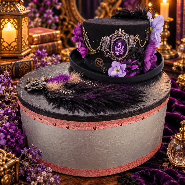 Chapeau Mina sur sa boîte de rangement artisanale Chapeau Mina présenté sur sa boîte de rangement faite main, avec plumes noires et accessoires steampunk