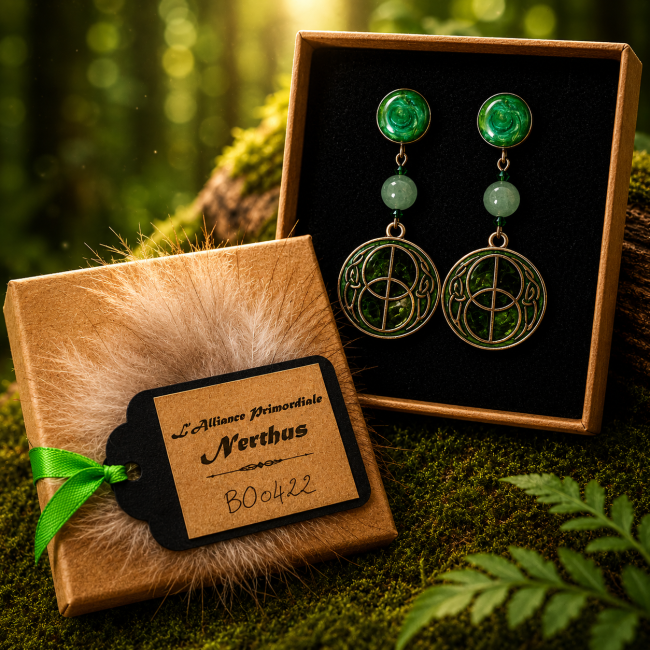 Chaque paire de boucles d'oreilles Nerthus est présentée dans son écrin personnalisé et accompagnée de sa carte d'identification numérotée. Une pièce artisanale unique mêlant élégance nordique, jade naturel et émaillage réalisé à la main.