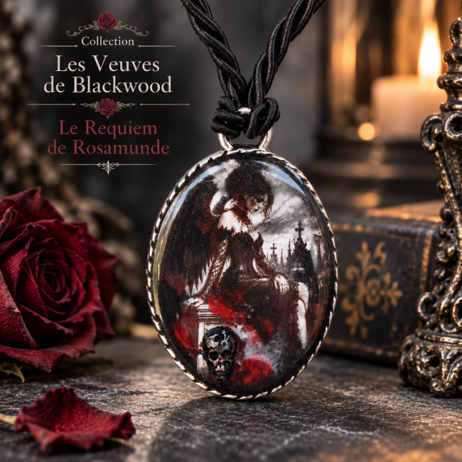 Collier gothique artisanal Le Requiem de Rosamund, pièce unique avec médaillon illustré, onyx et cordon torsadé noir satiné.
