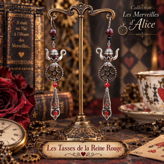 Boucles d’oreilles Les Tasses de la Reine Rouge – Les Merveilles d’Alice Boucles d’oreilles artisanales Les Tasses de la Reine Rouge, ornées de théières, engrenages et grenats rouges, inspirées de l’univers fantastique et steampunk des Merveilles d’Alice.