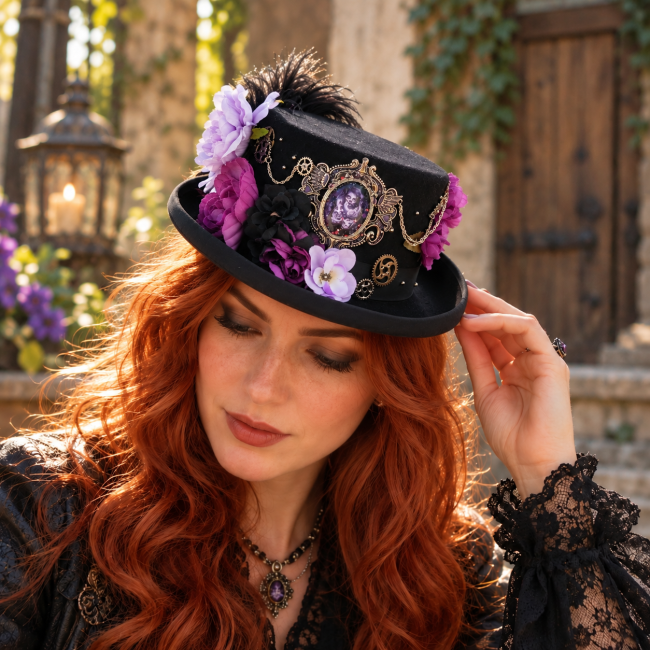 Chapeau Mina porté – Création steampunk victorienne Chapeau Mina en pure laine pressée porté par une femme, avec ornements floraux violets, plumes et engrenages