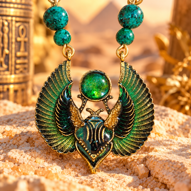 Scarabée Khepri – Vue avant du Cycle Éternel Détail du scarabée ailé de la collection Khepri, richement travaillé dans des nuances de vert et de doré, avec chrysocolle.