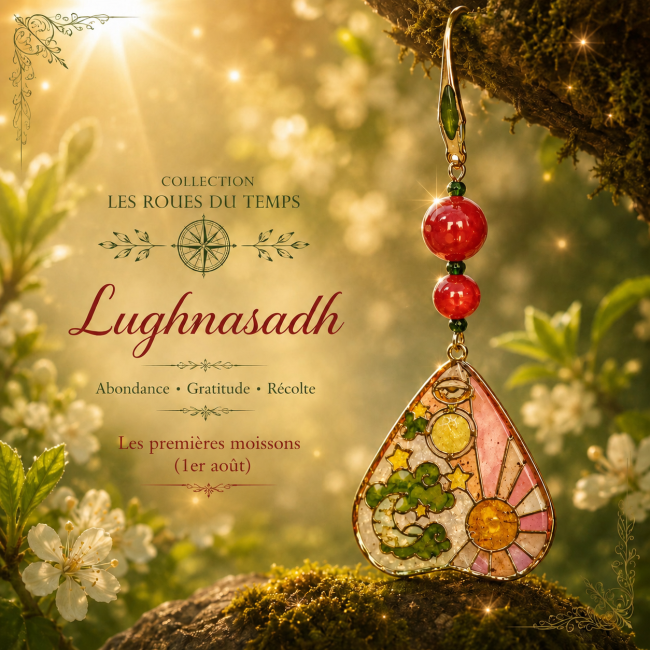 Bijou artisanal féerique inspiré de Lughnasadh et de la Roue du Temps. Ces boucles d’oreilles aux teintes rouges, dorées et végétales sont mises en scène dans une ambiance magique de l'été baignée de lumière douce.