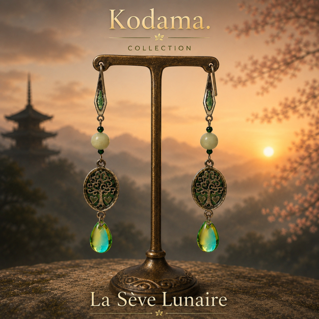 Boucles d’oreilles artisanales Kodama « La Sève Lunaire » inspirées des esprits de la forêt japonaise. Amazonite, pendentif arbre de vie émaillé et goutte lumineuse dans une ambiance estampe japonaise poétique.