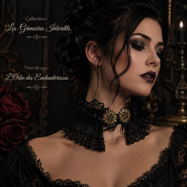 L’Orbe des Enchanteresses – Création gothique portée L’Orbe des Enchanteresses, tour de cou gothique artisanal en dentelle noire porté par une femme