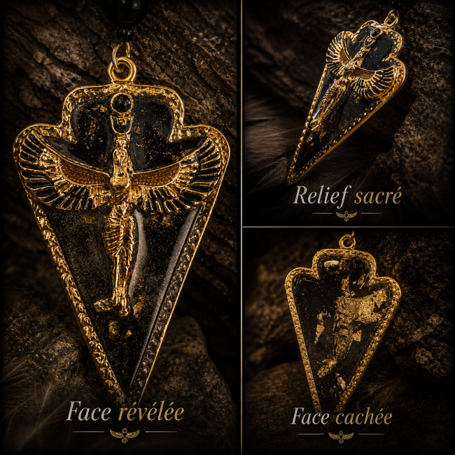 Zoom artistique sur les détails du pendentif Isis Voile du Mystère avec vues recto, relief et verso dans une ambiance sombre et mystique.