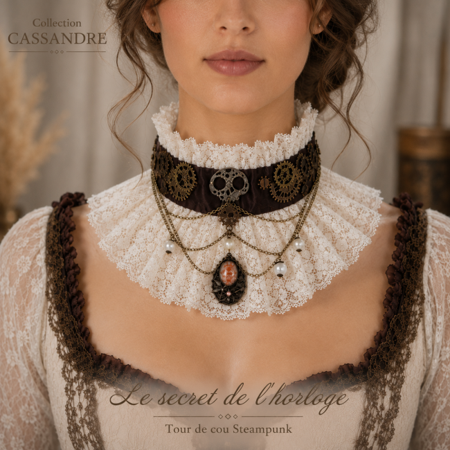 Vue de face du tour de cou haute couture Les Secrets de l’Horlogère, création artisanale cousue et brodée à la main, associant taffetas chocolat, dentelle de Calais ivoire, engrenages et pendentif central.