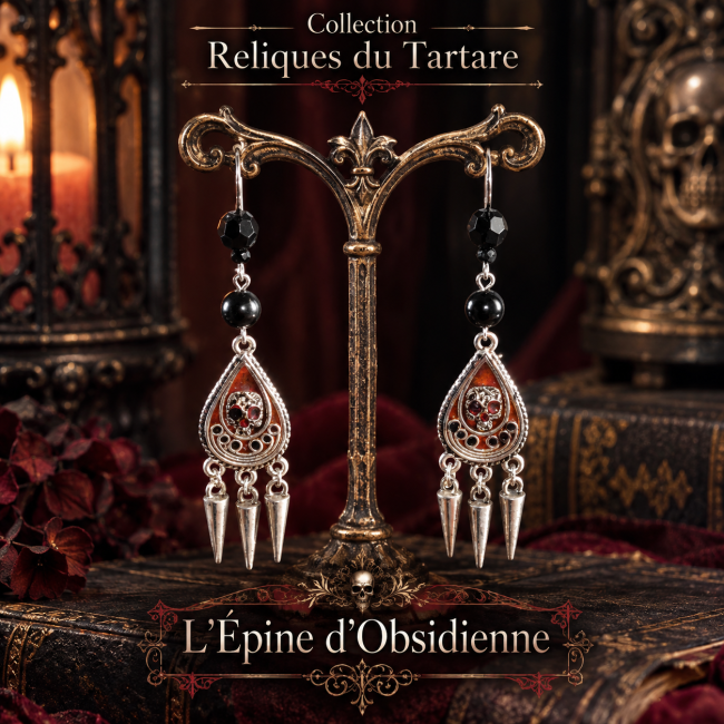 L’Épine d’Obsidienne – Collection Reliques du Tartare L’Épine d’Obsidienne de la collection Reliques du Tartare, boucles d’oreilles gothiques artisanales avec obsidienne noire et émaillage à la main