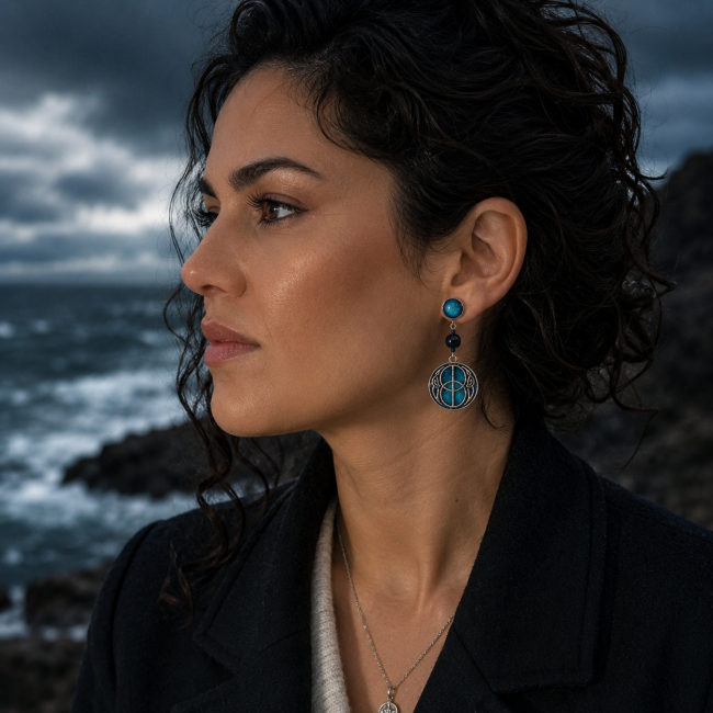 Boucles d'oreilles Njörd portées – Bijou viking artisanal bleu océan Portées par une femme aux cheveux noirs bouclés, les boucles d'oreilles Njörd révèlent toute leur élégance. Leur émaillage bleu translucide évoque les profondeurs marines sous les tempêtes du Nord et sublime un style contemporain raffiné.