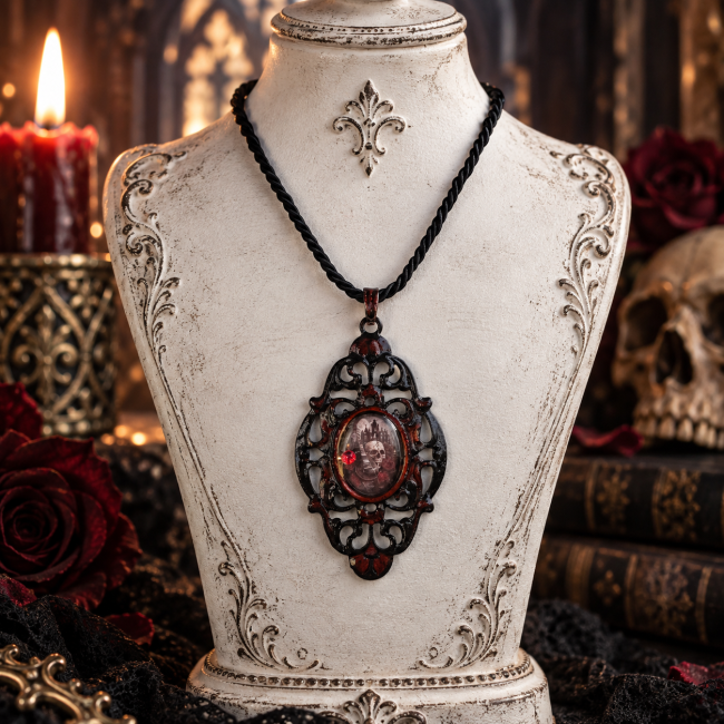 Collier gothique pièce unique présenté sur support, création artisanale Les Roses de la Cathédrale Noire