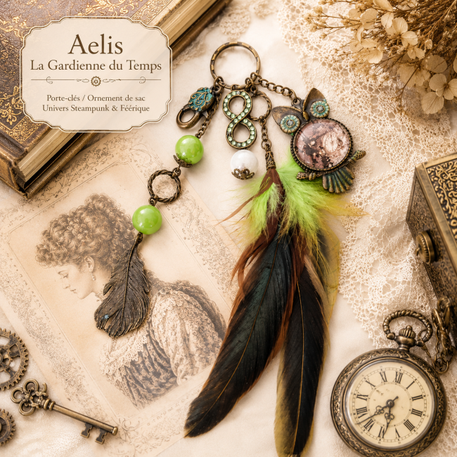 Porte-clés steampunk victorien Aelis La Gardienne du Temps avec plumes teintées, pendentif hibou et accessoires vintage féeriques.