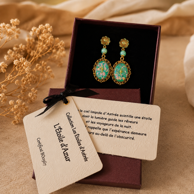 Présentation des boucles d'oreilles L'Étoile d'Azur dans leur écrin avec leur carte d'identification et leur certificat d'authenticité numéroté BO0567.